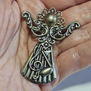 **Sale** Vintage Silver Tone Musical Notes Guardian Angel Pendant Brooch